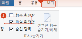 파일 탐색기 보기 탭의 표시/숨기기 묶음에 있는 파일 확장명 항목
